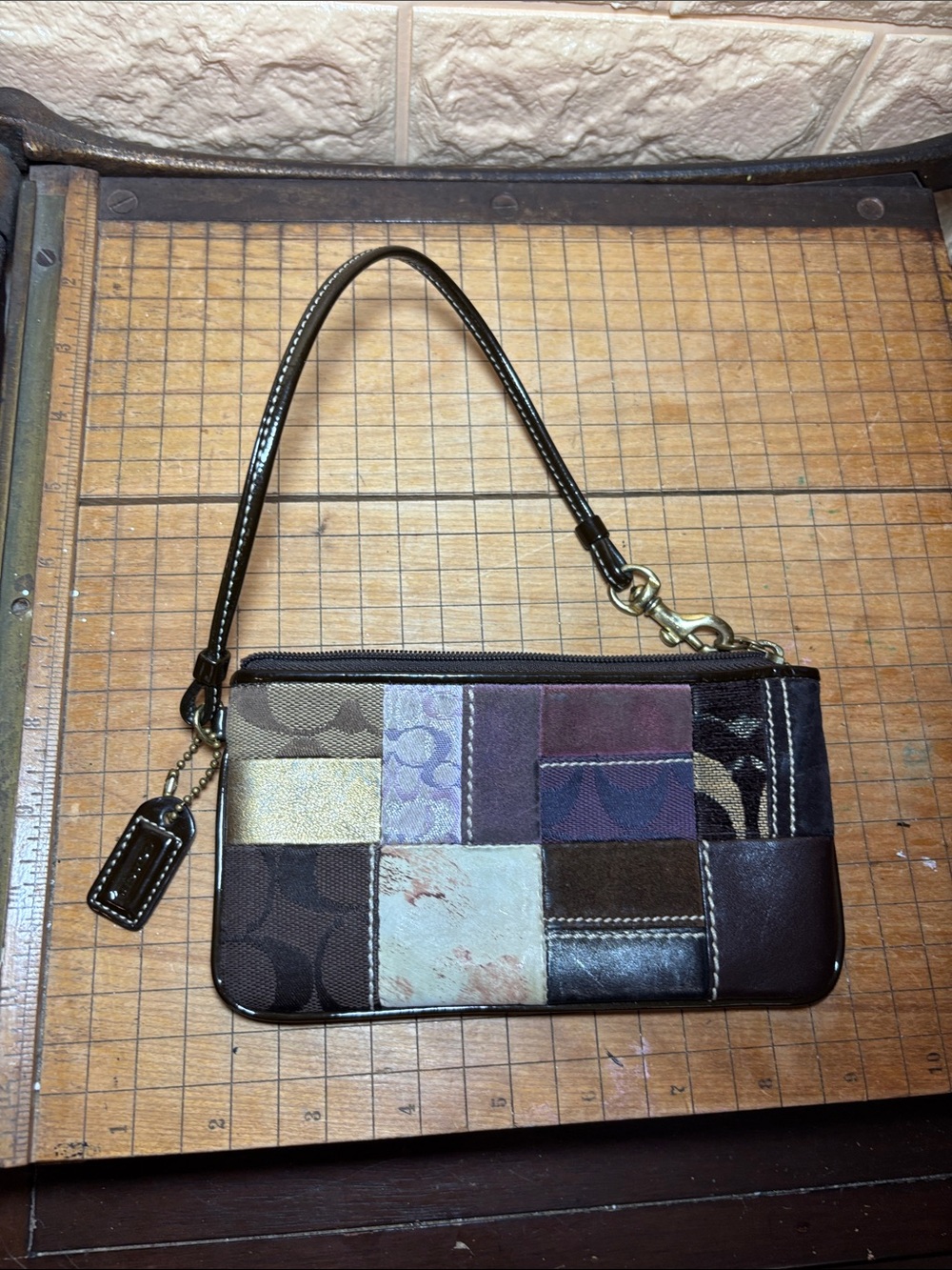 Coach Patchwork Leather Wristlet in Brown and Neutral Tones w Hang Tag - Picture 16 of 17